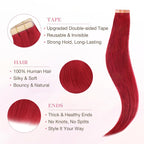 GOO GOO Tape in Hair Extensions Human Hair, Red, 16inch 25g 10pcs, Colored Tape ins Human Hair Extensions, Silky&Soft Invisible Tape Ins, Hair Highlighted for Party