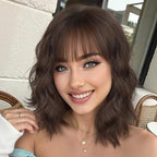 Nnzes Short Wavy Bob Wig with Bangs for Women Shoulder Length Curly Soft Coffee Brown Synthetic Heat-Resistant Fiber Hair for Daily & Party Use