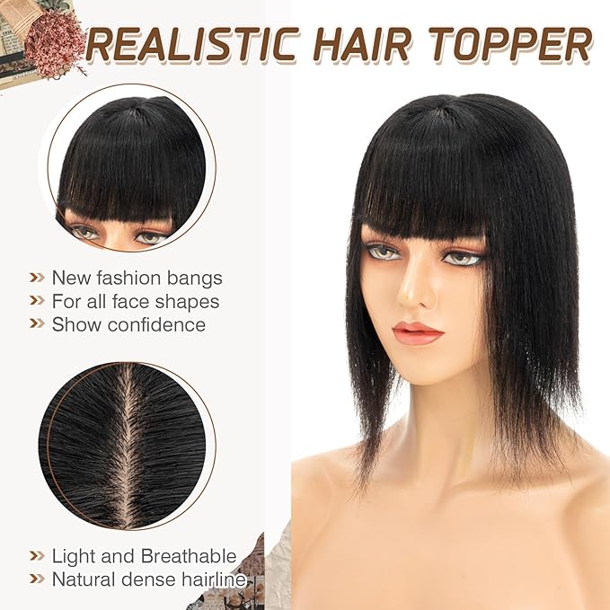Rich Choices Real Human Hair Toppers for Women With Bang 100% Remy Human Hair Topper for Thinning Hair Clip in Silk Base Hair Topper 14 Inch #1 Jet Black