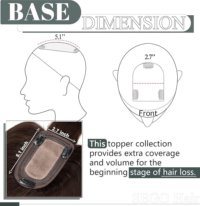 SEGO Hair Toppers for Women Real Human Hair with Front Bangs, Clip in Toppers with Thinning Hair Straight 150% Density Silk Base -6 Inch #2 Dark Brown