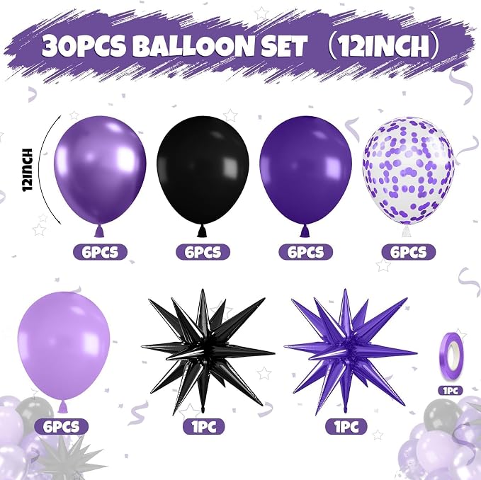 Purple and Black Balloons, 12 Inch Metallic Purple Dark Light Purple Black - Image 2