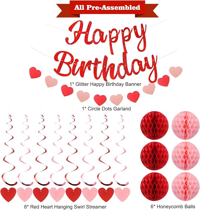 YEOCU Birthday Decorations, No DIY Pre-Strung Happy Birthday Banner | Red Heart - Image 6