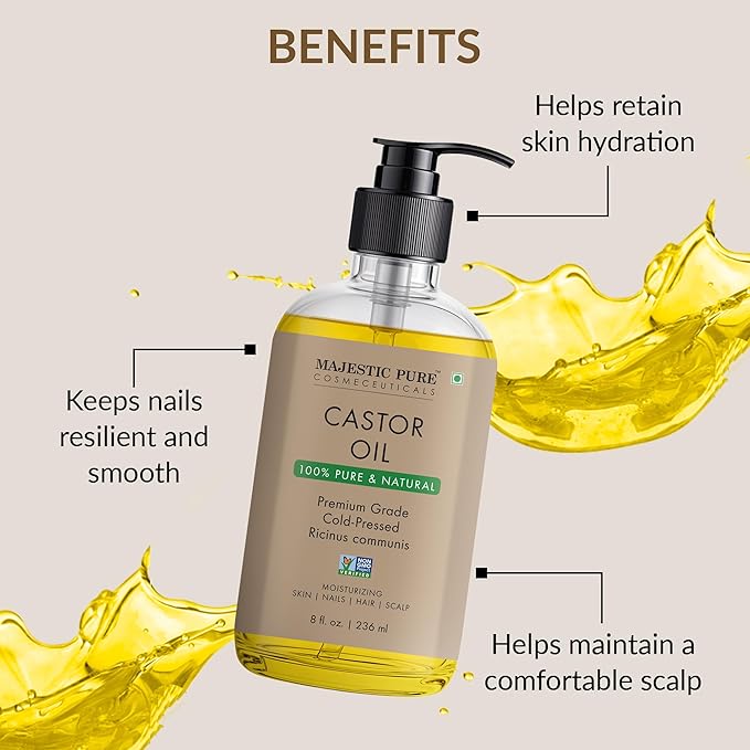 Majestic Pure Castor Oil with Glass Bottle - 100% Pure & Natural - Premium Grade, Cold Pressed, Hexane Free - Hair, Eyelashes, Eyebrows, Nails - Moisturizing & Nourishing - 8 Fl Oz