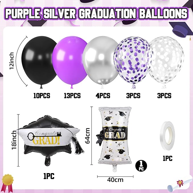 Purple Silver Black Graduation Balloons, - Image 2