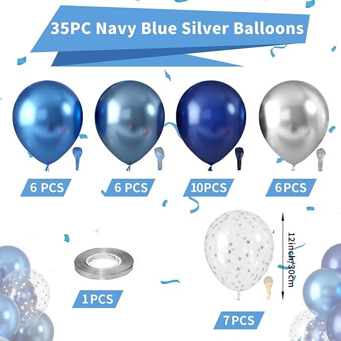 Blue Silver Balloons, Pearl Navy Balloon Metallic Light Blue and Silver Balloons - Image 2