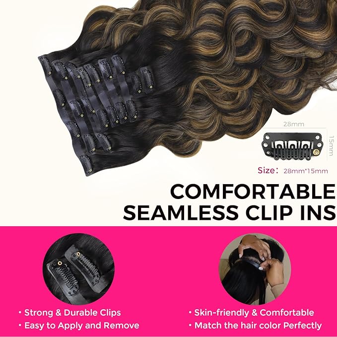 Lashey Seamless Clip in Hair Extensions Human Hair 150g 9pcs 22 Inch Body Wave Natural Black Mixed Chestnut Brown Clip in Hair Extensions for Women