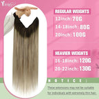 YoungSee 120G Wire Hair Extensions Ombre Invisible Wire Hair Extensions Real Human Hair Walnut Brown Headband Hair Extensions Balayage Light Brown with Blonde Remy Hair 16Inch