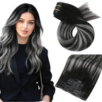 Moresoo Seamless Clip ins Human Hair Extensions Balayage Black to Silver Human Hair Clip in Extensons Ombre Black and Silver Gray PU Seamless Clip in Hair Extensions Human Hair 7Pcs 120G 20inch