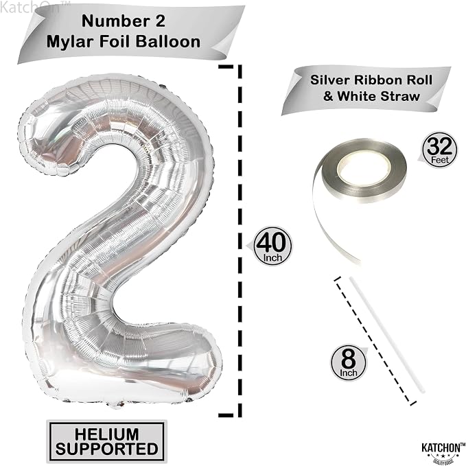 KatchOn Silver Number 2 Balloon 40 Inch 2nd Birthday Decorations - Image 2