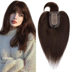 SEGO Hair Toppers for Women Real Human Hair, Clip In Topper Pieces with Front Bangs for Thinning Hair, Straight, 150% Density, Silk Base, 8 Inches,#2 Dark Brown
