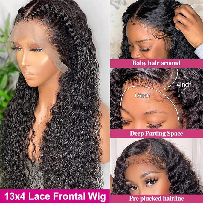 30 Inch Deep Wave Lace Front Wig Human Hair 13x4 Curly Wigs for Black Women Pre Plucked with Natural Baby Hair 180 Density Brazilian Virgin Lace Frontal Wet Wig Human Hair Natural Color