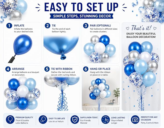 Blue White Silver Balloons Garland Kit – 60pcs 12 Inch Chrome Blue, Birthday - Image 5