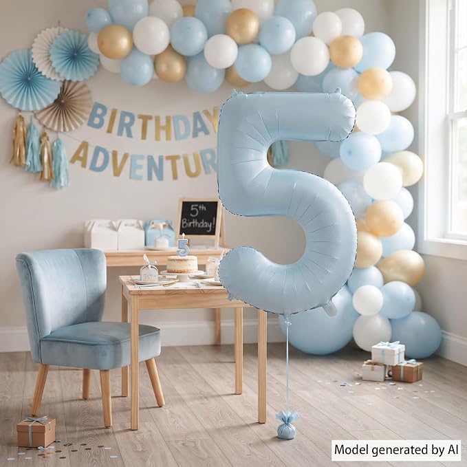 Baby Blue Number 5 Balloon 40 Inch, Sky Pastel Foil Numeral Party Supplies | - Image 3