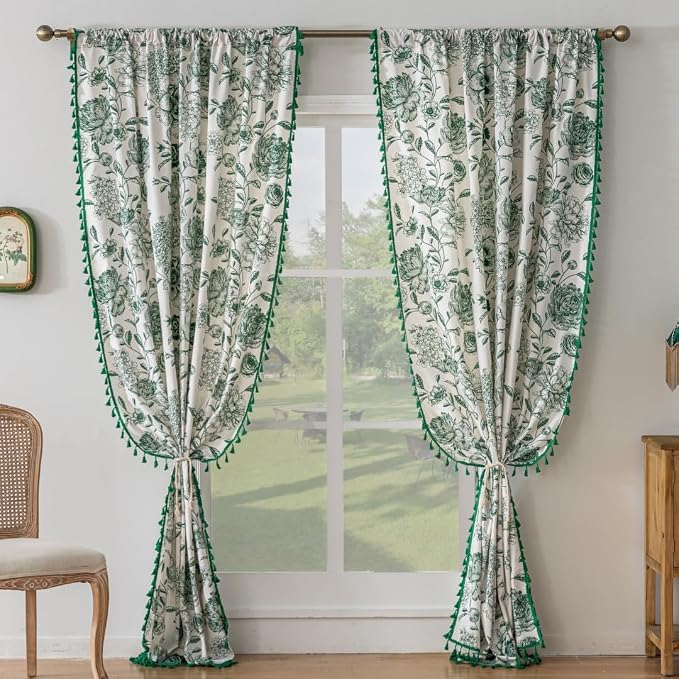 F-CHU Green Floral Farmhouse Curtains Living Room Drapes 84 Inch Length Cotton - Image 4