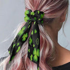 Green Four Leaf Ribbon Bow Hair Ties for Girls 2 Pcs Paw Print Scrunchies with Ribbon Tails St Patricks Theme Hair Scarf Scrunchy No Damage