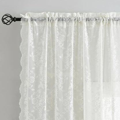 FINECITY Ivory Lace Kitchen Curtains Rustic Floral W42 x L45 Inch 2 Panels | - Image 2