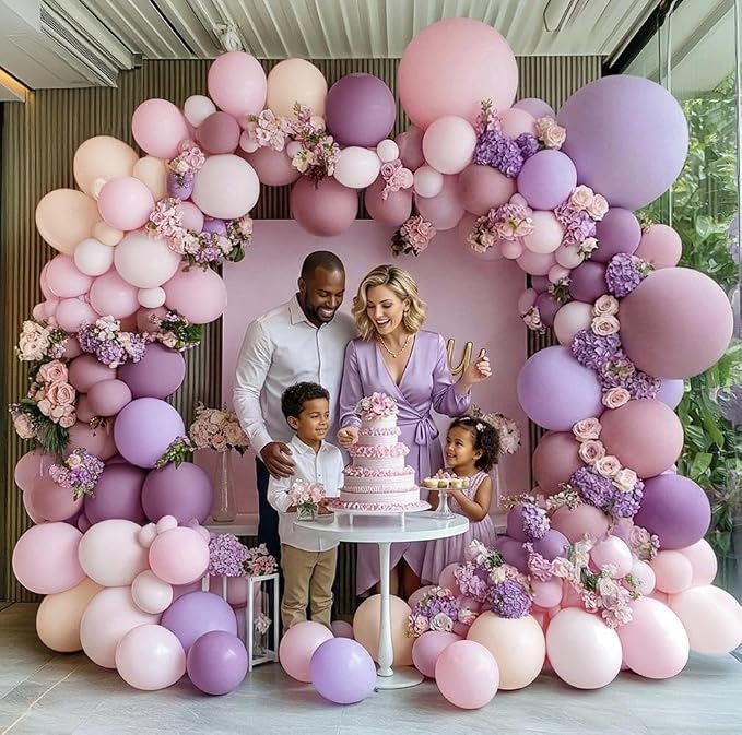 Purple Pink Balloon Arch Kit, Double Stuffed Pastel Pink Lavender White Beige - Image 5