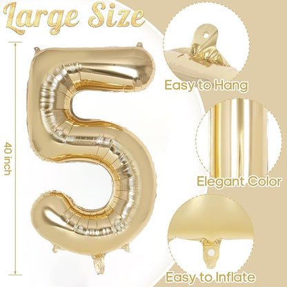 Champagne Gold Large Number 5 Balloon, 40 Inch Light Gold Foil Helium Number - Image 3