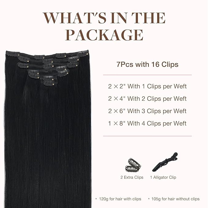 GOO GOO Clip in Hair Extensions Real Human Hair, Remy Human Hair Extensions Clip ins for Women, Natural Human Hair, 26inch 135g 7Pcs, 1 Jet black