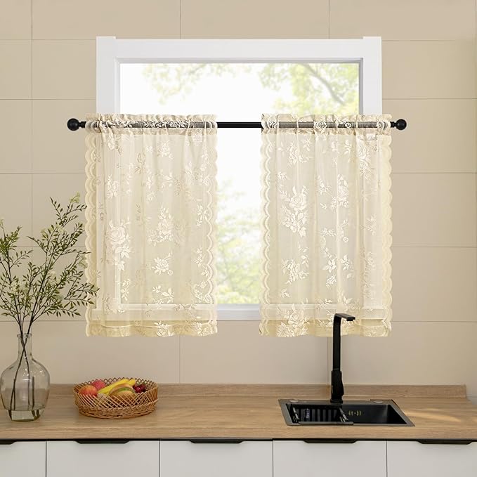Beige Lace Cafe Curtains 24 Inch Length 2 Panels set Country Floral Sheer by SEEKRIGHTHomeDecor
