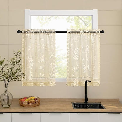 Beige Lace Cafe Curtains 24 Inch Length 2 Panels set Country Floral Sheer by SEEKRIGHTHomeDecor