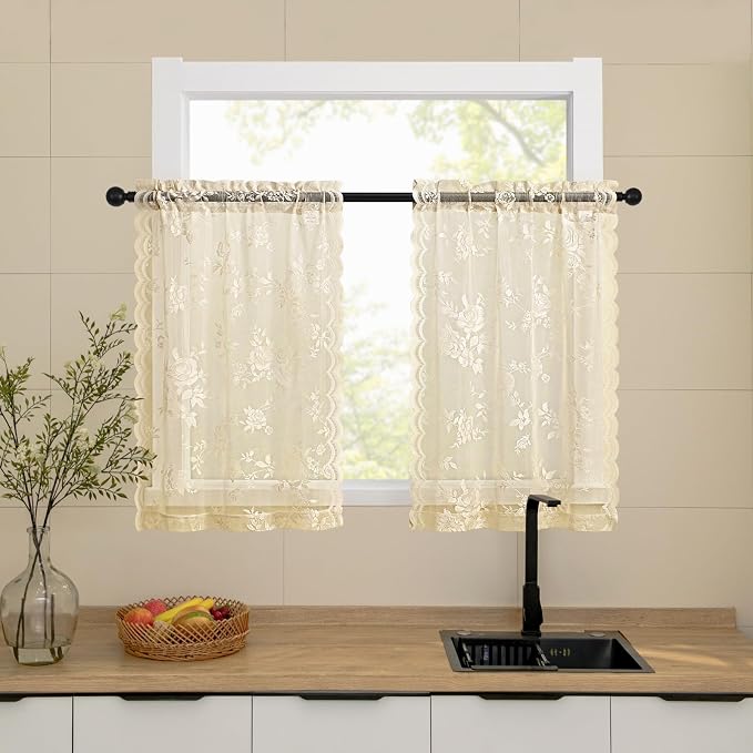 SEEKRIGHT Beige Lace Cafe Curtains 36 Inch Length Rod Pocket Privacy Sheer - Image 2