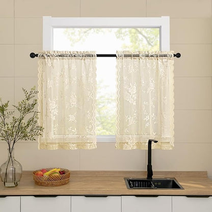 SEEKRIGHT Beige Lace Cafe Curtains 36 Inch Length Rod Pocket Privacy Sheer - Image 2