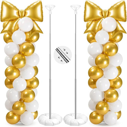 2 Sets Gold White Bow Balloon Column Stand Kit Includes 2 Bows & 100 Latex by Charnoel