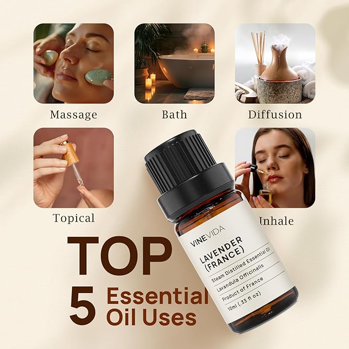 VINEVIDA Lavender France Essential Oil 10 mL - Undiluted Lavender Oil 10 mL - Lavender - DIY Candle Scents for Candlemaking - 10 mL Essential Oil for Soap Making Safe for Skin (4OZV-OBP-LAV-FRA-10ML)
