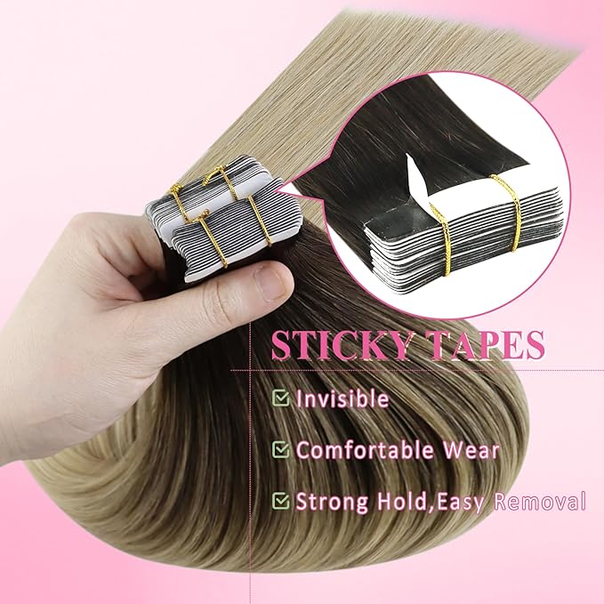 YoungSee Tape in Human Hair Extensions 22 Inch Ombre Tape Extensions Human Hair Balayage Dark Brown with Blonde Tape in Remy Hair Extensions for Long Straight Hair Adding Volume 20pcs 50g