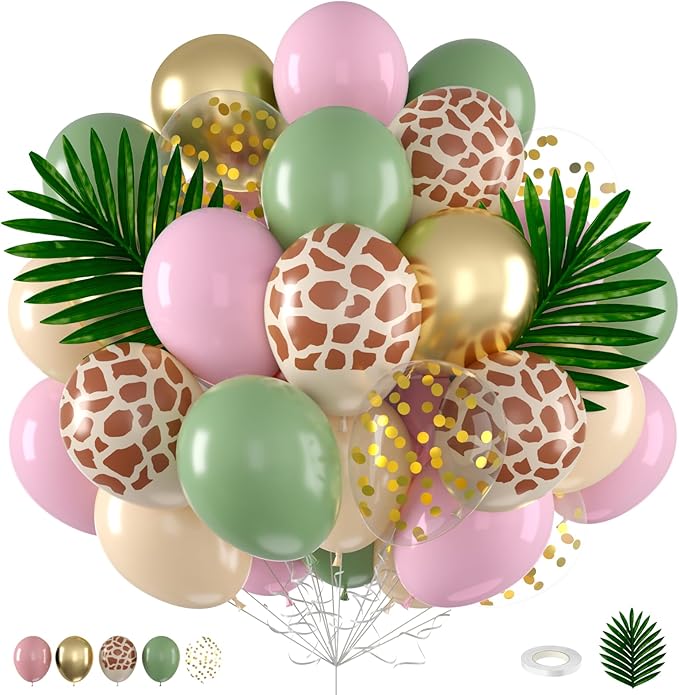 Pink Safari Balloons, 12 Inch Sage Green Pastel Pink Balloons, by FunHot