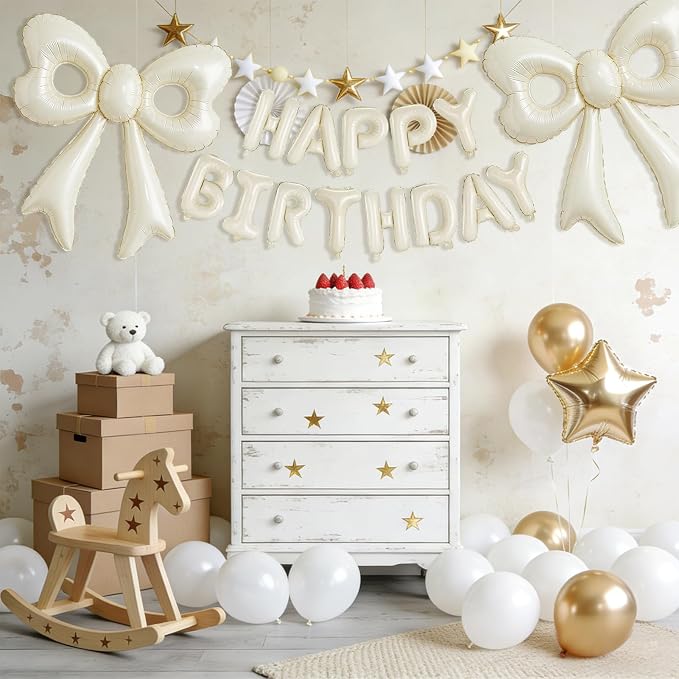 Cream Happy Birthday Balloons, 31”Huge Beige Bow Aluminum Foil Balloon Banner - Image 5