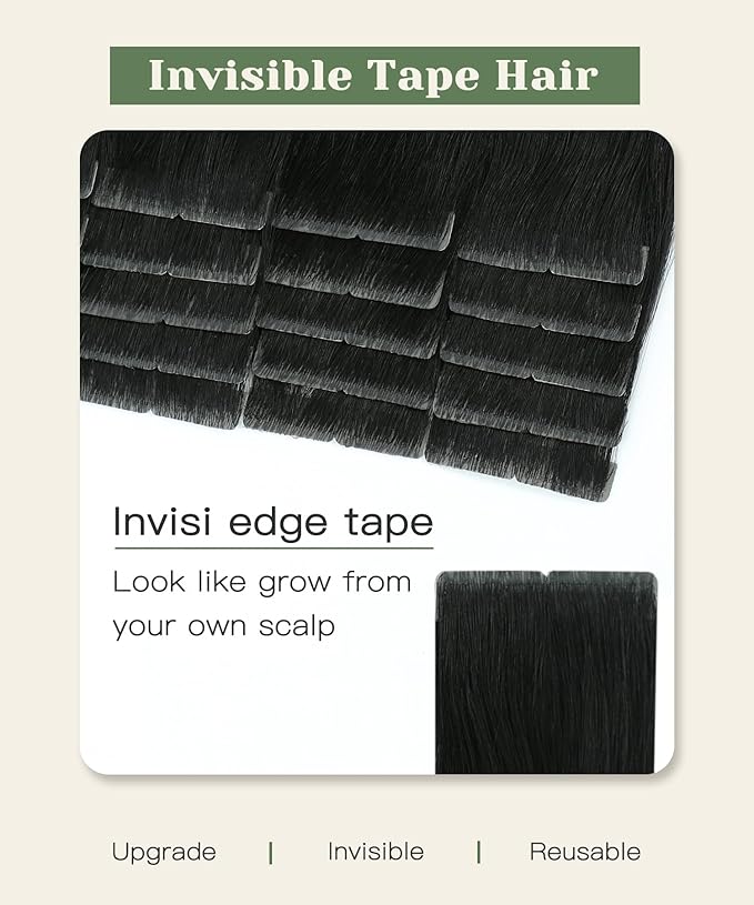 SURNEL Invisi Tape in Hair Extensions Huaman 16 Inch Natural Black Injected Seamless Tape in Hair Extensions 20 Pcs 35g(#1B,16)