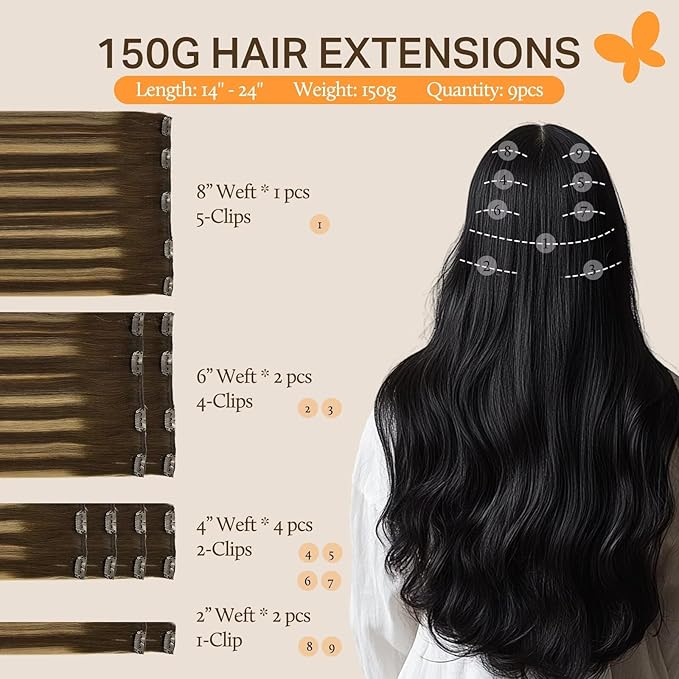 DOORES Hair Extensions Clip in Human Hair, Balayage Chocolate Brown to Caramel Blonde 150g 9pcs 20 Inch, Real Straight Hair Extensions Remy Extensions