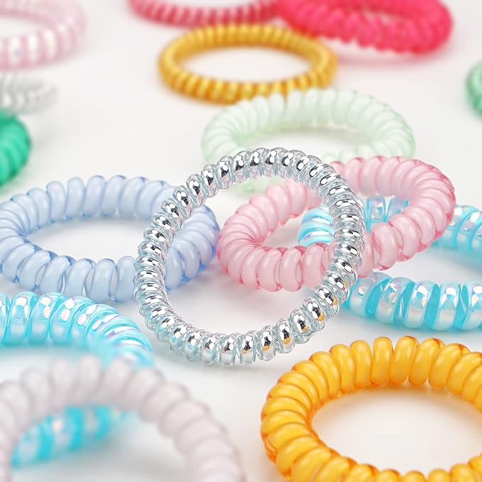 DeD 26 Pcs Spiral Hair Ties,No Crease Ponytail Holders,3 Styles Coil Hair Ties,Slim Laser Colors Spiral Bracelets,Phone Cord Fluorescent Elastic Hair Coils Hair Accessories for Women Girls