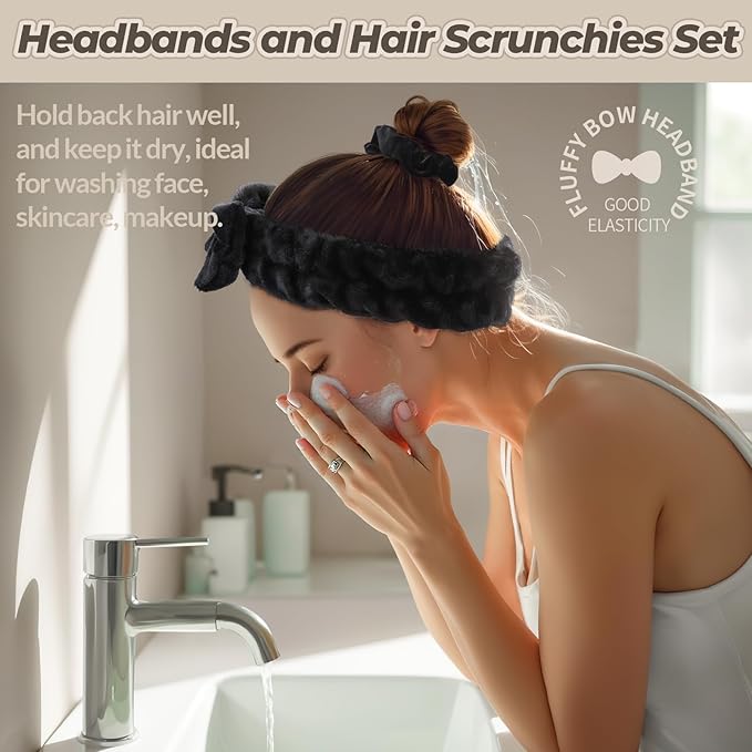 LEOBRO Spa Headband for Skin Care and Makeup, Women Teen Girls Headband for Washing Face, with Hair Bands, Hair Scrunchies, Black & White & Gray