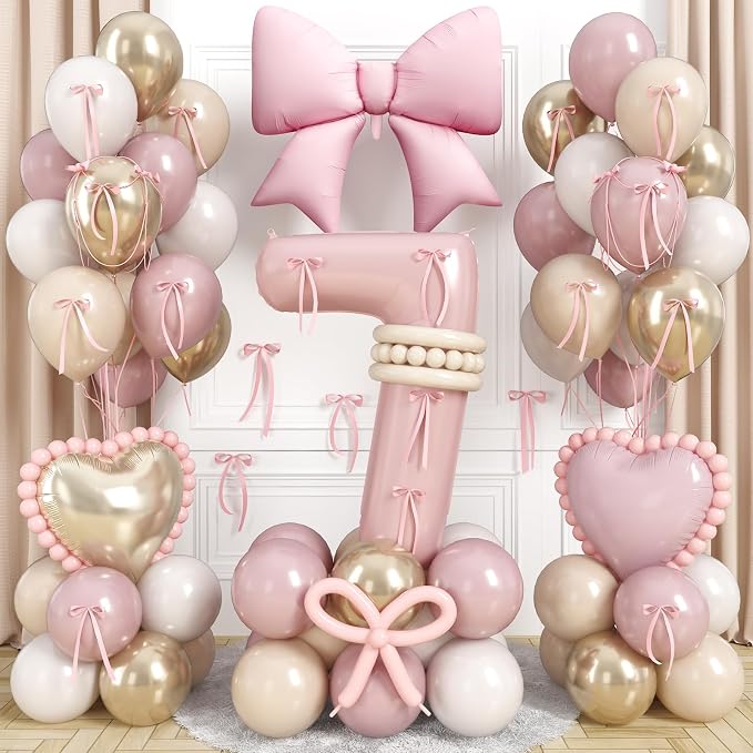 Number 7 Balloon, Blush Light Pink Gold Beige White Sand Latex Balloons 40 Inch by Jobkoo