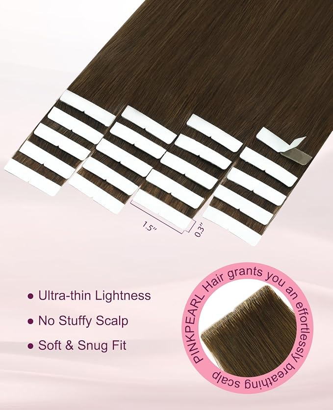 Pinkpearl Invisible Tape in Hair Extensions Human Hair, 20pcs 18inch 50g #4 Chocolate Brown Injection Tape in Extensions Real Remy Straight Seamless Silky Human Hair Injected
