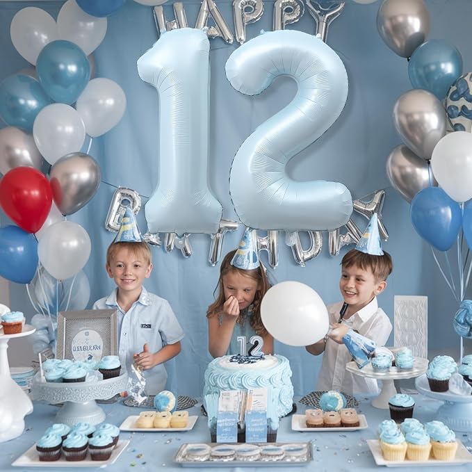 Foil 12 Balloon, Light Matte Sky Blue Big Number 12 Balloons - Image 4