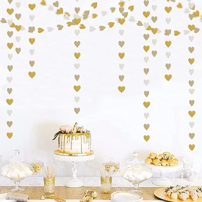 White-Gold Champagne Party-Decorations Heart Streamers Garland - 52Ft Christmas - Image 5