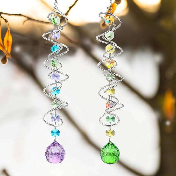 Set of 3 Crystal Suncatcher Spiral Wind Spinner Gazing Ball Decor | Crystal - Image 4