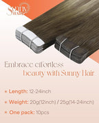 Sunny Hair Tape in Hair Extensions Real Human Hair Invisible Remy Hair Extensions Tape ins for Women Cool Brown Ombre Light Brown Balayage Medium Blonde 24 inch 25G