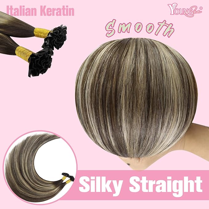 YoungSee Ktip Hair Extensions Ombre Dark Brown with Ash Blonde K Tips Hair Extensions Human Hair Ombre 24In 1G/S 50G