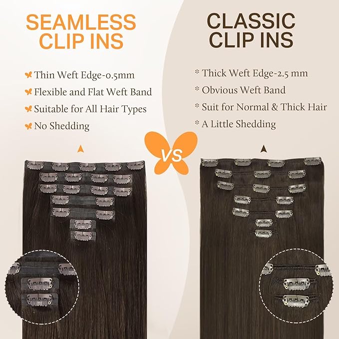 DOORES Seamless Clip in Hair Extensions, Light Dark Brown 130g 7pcs 16 Inch, Thick Invisible Edge Clip in Hair Extensions Straight Natural Weft for Women