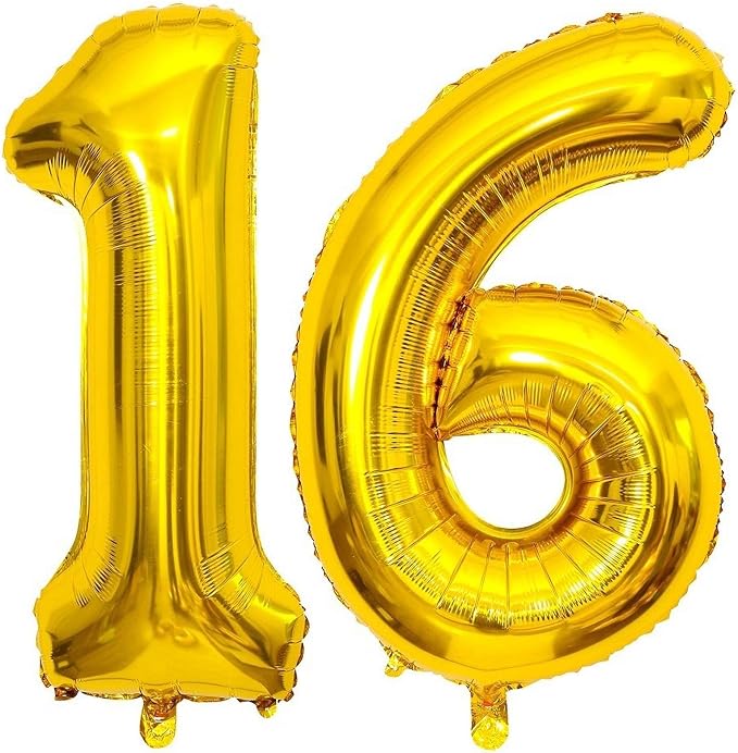 Gold 16 Number Balloons, 40 Inch Giant Number 16 Balloons Foil Mylar Helium by Lovoir