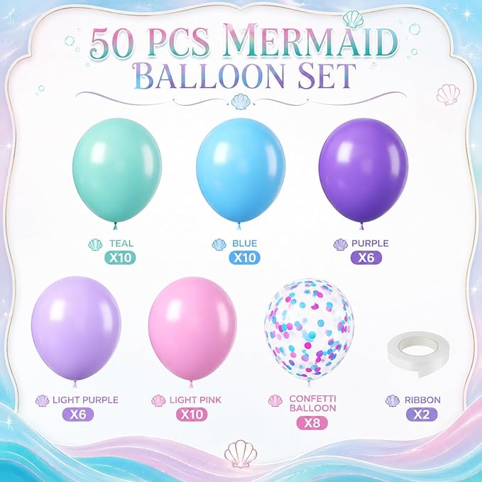 Mermaid Balloons, Sea Balloons 50Pcs 12Inch Iridescent Pink Purple Blue Teal - Image 2