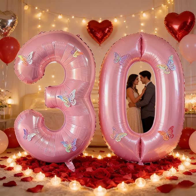40 Inch Number Balloon Pink Large Mylar Foil Pink Number Balloons and Butterfly - Image 5