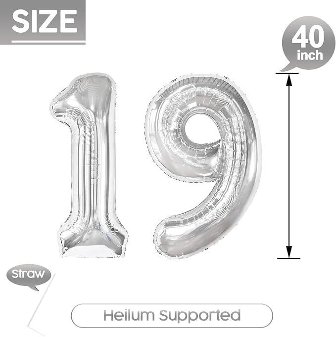 19 Balloon - Silver Birthday Number Balloons, 40 Inch Decorations Men Women | - Image 5