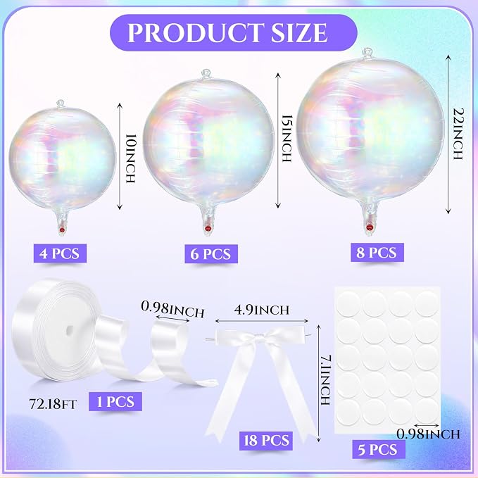 18 Set 22 15 10 Inch Iridescent 4D Giant Round Foil Balloon Bulk Metallic Giant - Image 2