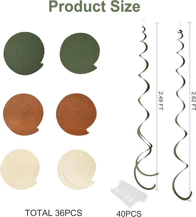 36 Pcs Jungle Hanging Swirl Decorations Sage Green Brown Beige Felt Swirl - Image 2